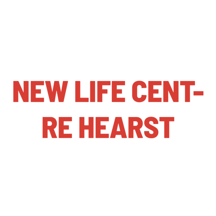 Timmins Care Text reads "NEW LIFE CENTRE HEARST" in bold red, all-caps font on a white background. Cochrane District Social Services Administration Board