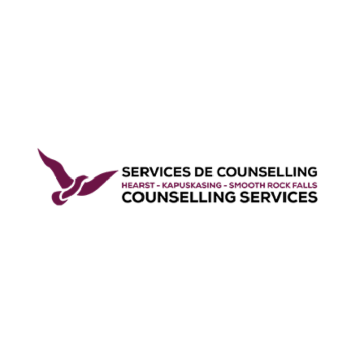 Timmins Care Logo for "Services de Counselling / Counselling Services" indicating service locations: Hearst, Kapuskasing, Smooth Rock Falls, with an illustration of a dark purple bird in flight. Cochrane District Social Services Administration Board