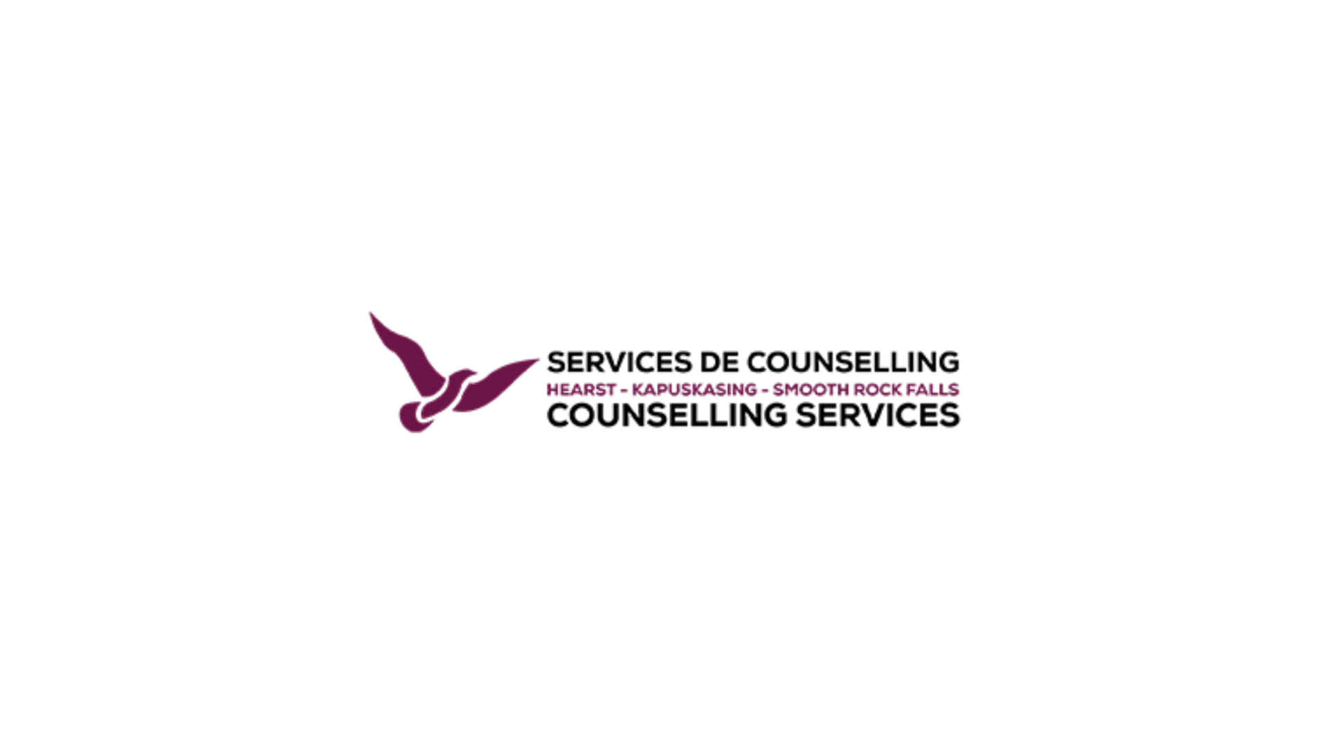 Timmins Care Logo for "Services de Counselling / Counselling Services" indicating service locations: Hearst, Kapuskasing, Smooth Rock Falls, with an illustration of a dark purple bird in flight. Cochrane District Social Services Administration Board