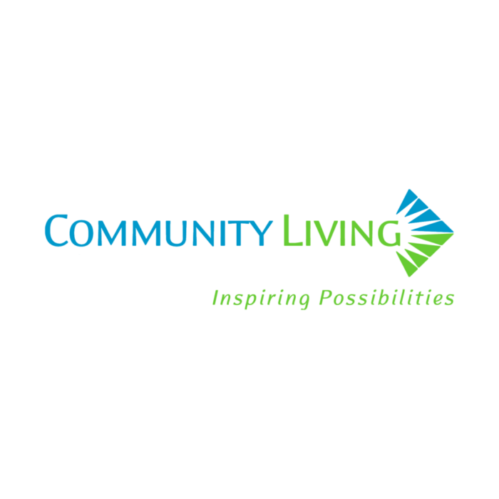 Timmins Care Logo of Community Living with the tagline "Inspiring Possibilities." The text is in blue and green, with an abstract green and blue arrow design to the right. Cochrane District Social Services Administration Board