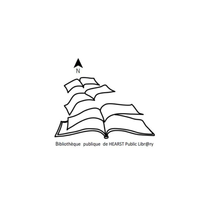 Timmins Care A logo for the Hearst Public Library featuring an open book with pages forming steps leading to an arrow pointing north. The text reads "Bibliothèque publique de HEARST Public Library. Cochrane District Social Services Administration Board