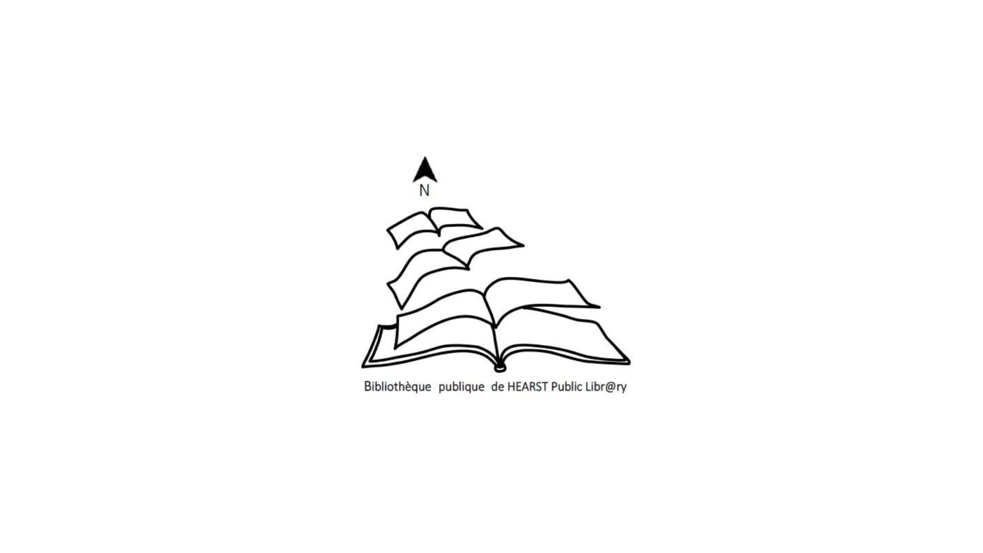 Timmins Care A logo for the Hearst Public Library featuring an open book with pages forming steps leading to an arrow pointing north. The text reads "Bibliothèque publique de HEARST Public Library. Cochrane District Social Services Administration Board