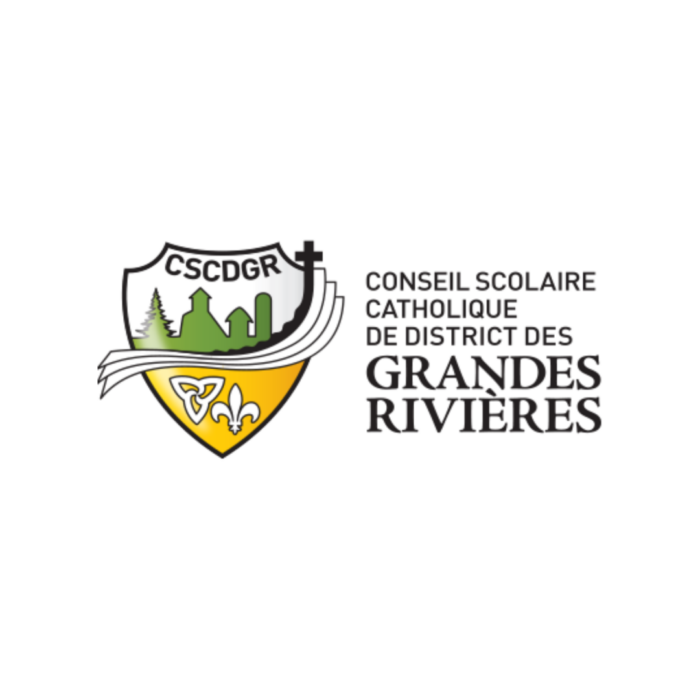 Timmins Care Logo of Conseil scolaire catholique de district des Grandes Rivières featuring a shield with trees, a cross, and an open book, alongside the acronym CSCDGR. Cochrane District Social Services Administration Board