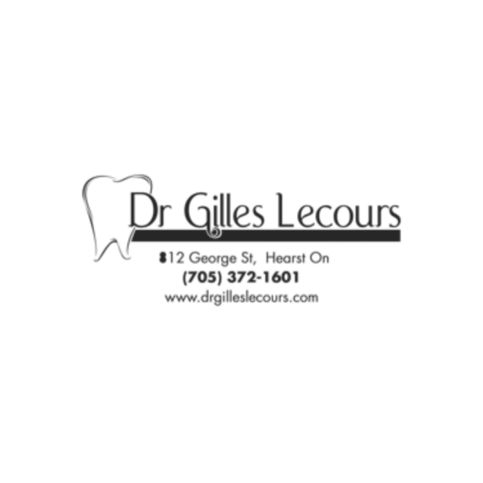 Timmins Care Logo of Dr. Gilles Lecours, featuring contact details: address at 812 George St., Hearst, ON, phone number (705) 372-1601, and website www.drgilleslecours.com, with a tooth graphic. Cochrane District Social Services Administration Board