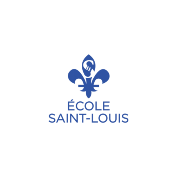 Timmins Care Blue fleur-de-lis with a light bulb and "École Saint-Louis" text underneath on a white background. Cochrane District Social Services Administration Board