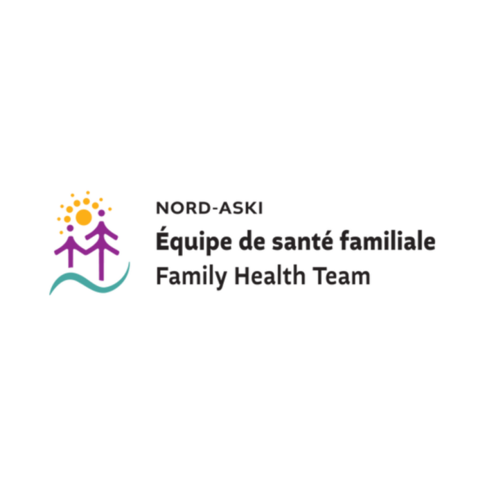 Timmins Care Logo of Nord-Aski Family Health Team, featuring two abstract figures under a sunburst with text in French and English. Cochrane District Social Services Administration Board