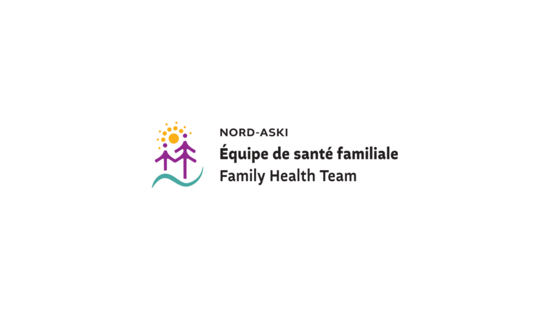 Timmins Care Logo of Nord-Aski Family Health Team, featuring two abstract figures under a sunburst with text in French and English. Cochrane District Social Services Administration Board