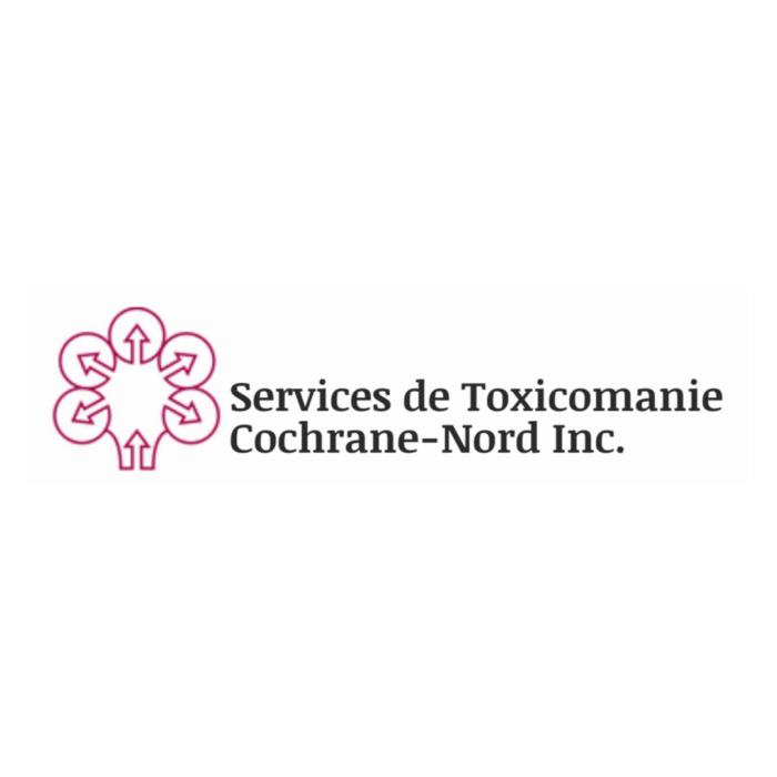 Timmins Care Logo for Services de Toxicomanie Cochrane-Nord Inc. featuring a pink flower symbol beside the organization's name in black text on a white background. Cochrane District Social Services Administration Board