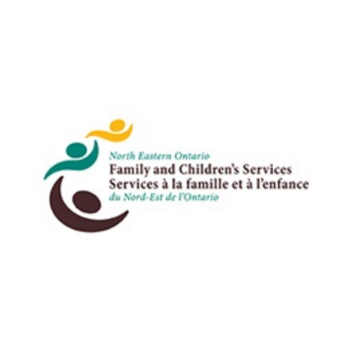 Timmins Care Logo of North Eastern Ontario Family and Children's Services, featuring stylized human figures in yellow, teal, and brown, with French and English text. Cochrane District Social Services Administration Board