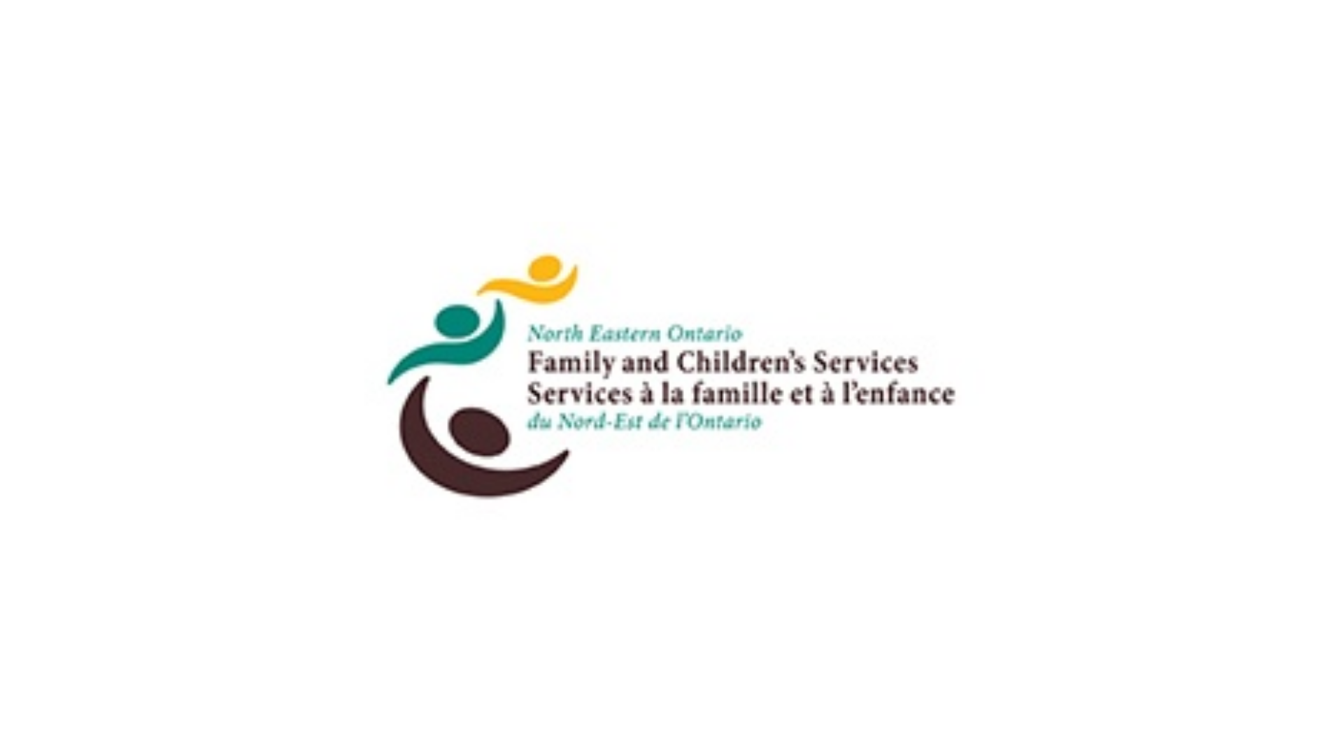 Timmins Care Logo of North Eastern Ontario Family and Children's Services, featuring stylized human figures in yellow, teal, and brown, with French and English text. Cochrane District Social Services Administration Board